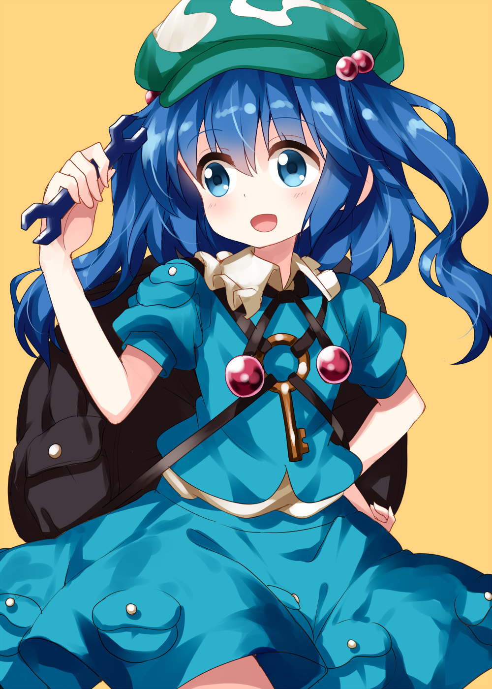 1girl backpack bag bangs blue_eyes blue_hair blue_shirt blue_skirt blush cabbie_hat commentary_request cowboy_shot eyebrows_visible_through_hair frilled_shirt_collar frills green_hat hair_between_eyes hair_bobbles hair_ornament hand_on_hip hand_up hat highres holding holding_wrench kawashiro_nitori key long_hair open_mouth pouch puffy_short_sleeves puffy_sleeves ruu_(tksymkw) shirt short_sleeves simple_background skirt smile solo standing touhou two_side_up wrench yellow_background