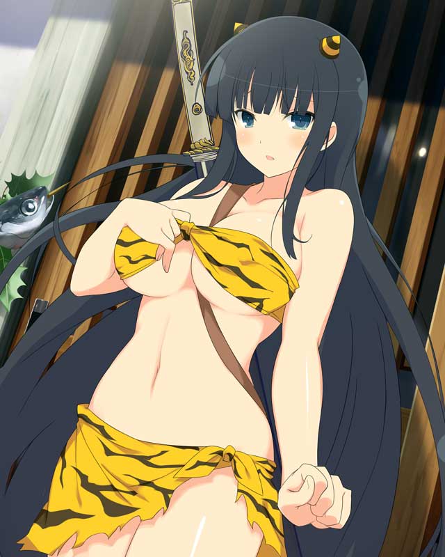 1girl animal_print black_hair blue_eyes breasts cosplay horns ikaruga_(senran_kagura) large_breasts long_hair midriff navel official_art oni oni_horns open_mouth senran_kagura senran_kagura_new_wave setsubun sheath sheathed solo standing stomach sword tiger_print very_long_hair weapon yaegashi_nan