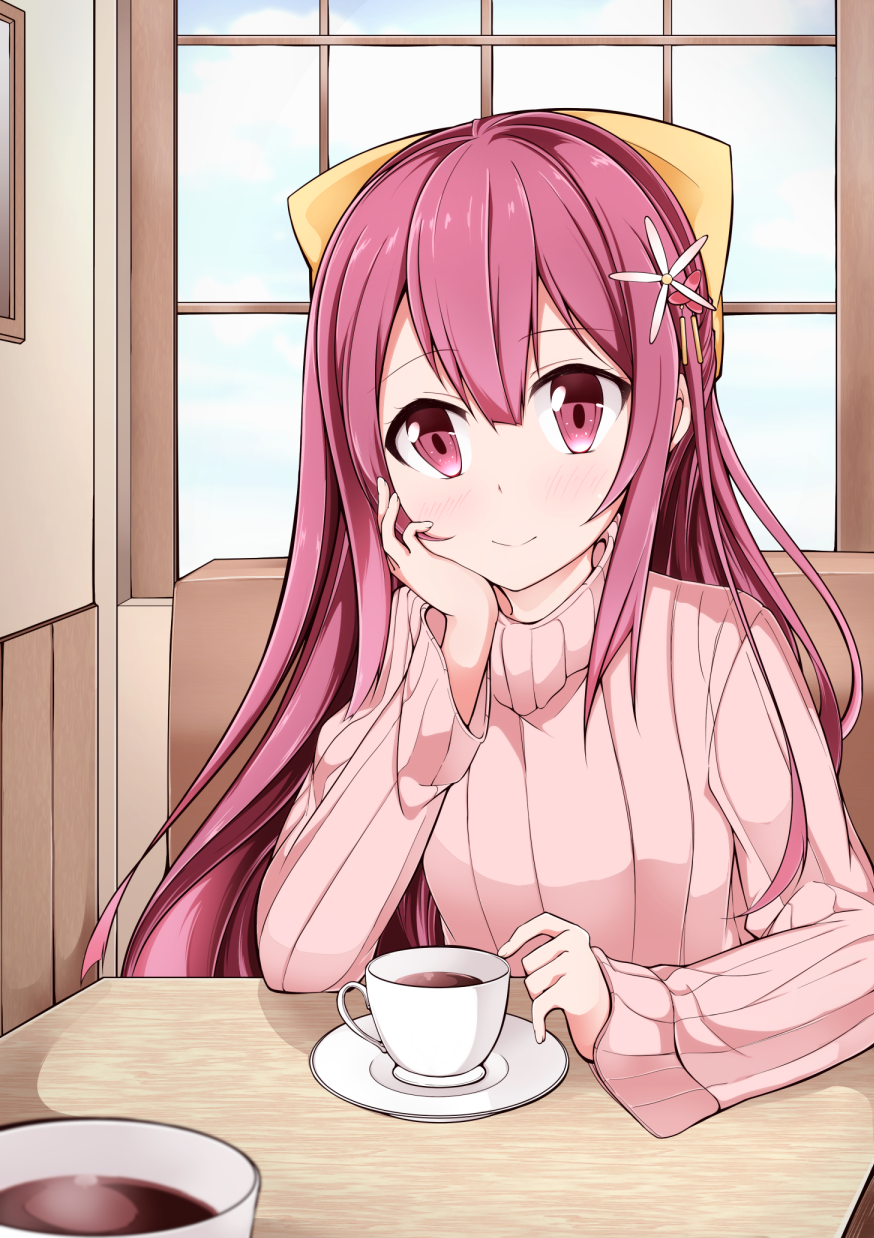 1girl acchii_(akina) alternate_costume bow coffee commentary_request cup flower hair_bow hair_flower hair_ornament hand_on_own_face highres kamikaze_(kantai_collection) kantai_collection long_hair looking_at_viewer pink_eyes pink_sweater purple_hair ribbed_sweater smile solo sweater teacup upper_body window yellow_bow