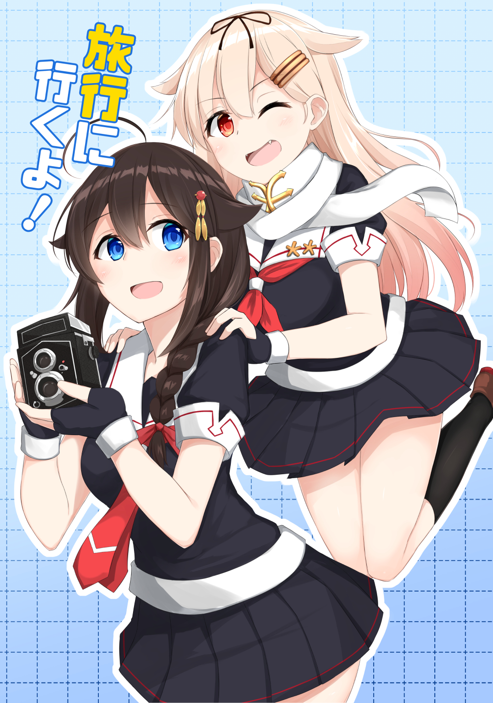 2girls ahoge black_hair black_ribbon black_serafuku black_skirt blonde_hair blue_background blue_eyes braid camera commentary_request cover cover_page doujin_cover fingerless_gloves gloves gradient_hair hair_flaps hair_ornament hair_over_shoulder hair_ribbon hairclip highres jumping kantai_collection long_hair multicolored_hair multiple_girls neckerchief pleated_skirt red_neckwear remodel_(kantai_collection) ribbon sakikumo_(sakumo) scarf school_uniform serafuku shigure_(kantai_collection) single_braid skirt translated white_scarf yuudachi_(kantai_collection)