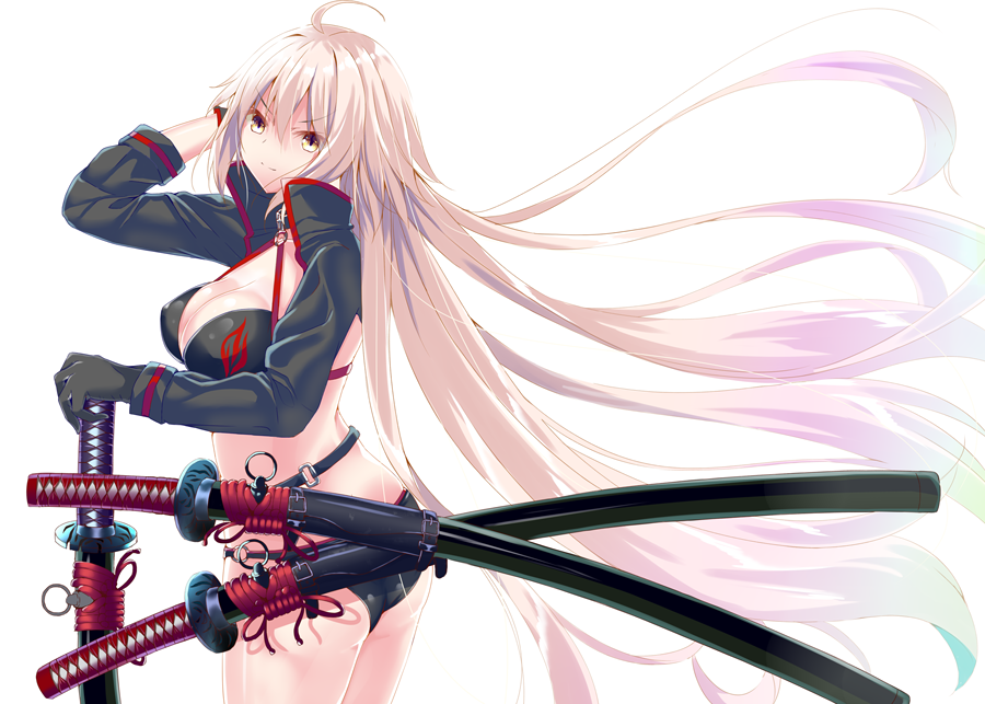 1girl ahoge bikini black_bikini black_gloves commentary_request fate/grand_order fate_(series) gloves jeanne_d'arc_(alter_swimsuit_berserker) jeanne_d'arc_(fate)_(all) katana long_hair looking_at_viewer scabbard sheath sheathed shrug_(clothing) silver_hair simple_background single_glove solo swimsuit sword tetranono very_long_hair weapon white_background yellow_eyes