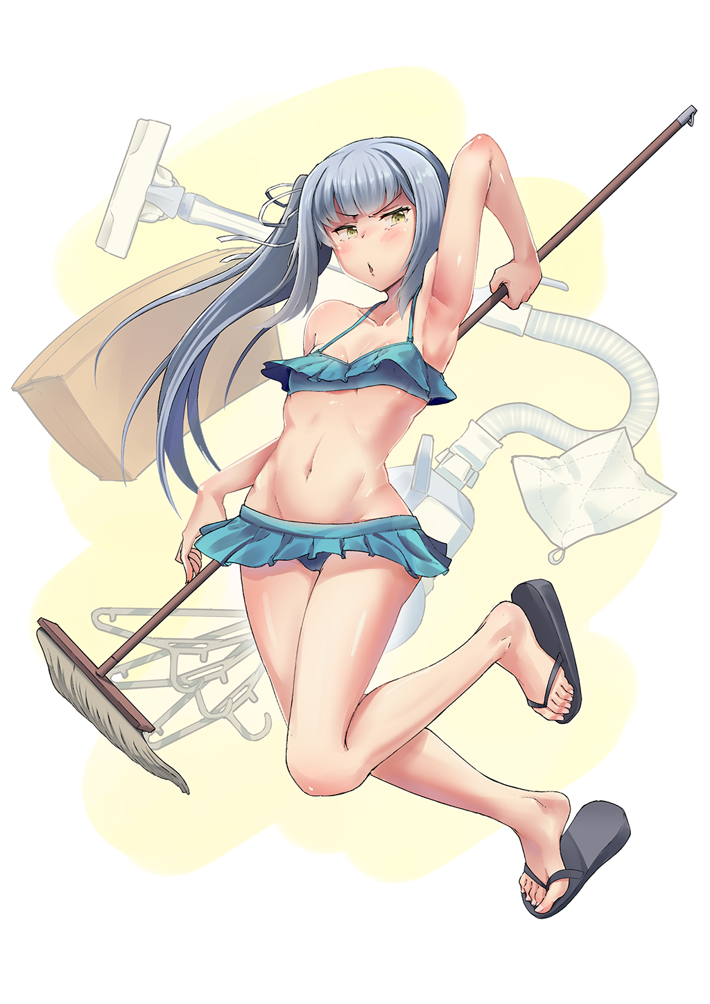 1girl arm_behind_head armpits bangs bare_shoulders bikini blue_bikini blunt_bangs blush breasts clothes_hanger green_eyes groin highres kantai_collection kasumi_(kantai_collection) liking long_hair mop navel open_mouth sandals shiny shiny_skin side_ponytail silver_hair solo swimsuit vacuum_cleaner