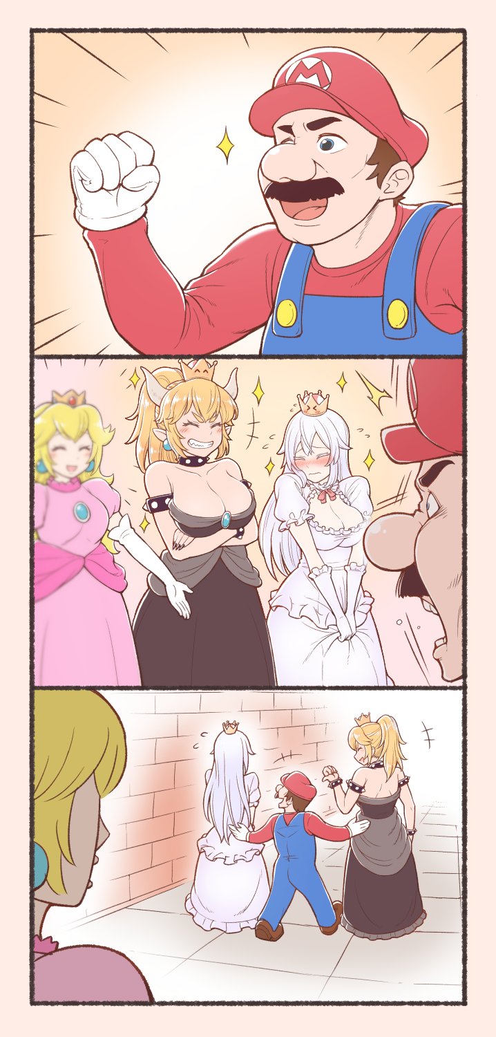 3girls blush bowsette bracelet breasts collar comic crown dress highres horns jewelry large_breasts mario super_mario_bros. multiple_girls new_super_mario_bros._u_deluxe nintendo otonari princess_king_boo princess_peach spiked_armlet spiked_bracelet spiked_collar spikes strapless strapless_dress super_crown