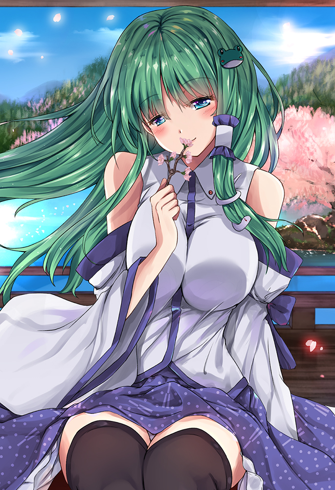 1girl aqua_eyes bangs bare_shoulders black_legwear blue_skirt blue_sky blush branch breast_squeeze breasts cherry_blossoms commentary_request cowboy_shot day detached_sleeves eyebrows_visible_through_hair forest frog_hair_ornament fule green_hair hair_ornament hair_tubes head_tilt holding_branch kochiya_sanae large_breasts long_sleeves looking_at_viewer nature petals petticoat railing shirt sidelocks sitting skirt sky smile snake_hair_ornament solo thigh-highs thighs touhou tree white_shirt wide_sleeves zettai_ryouiki
