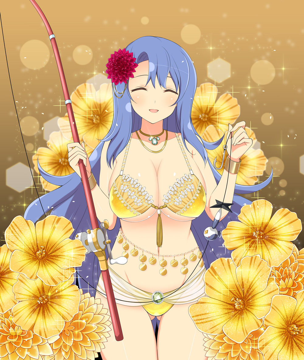 1girl bikini blue_hair bracelet breasts cleavage closed_eyes fishing_rod flower gem gluteal_fold gold_bikini hair_flower hair_ornament jewelry large_breasts long_hair nachi_(senran_kagura) navel official_art open_mouth pendant senran_kagura senran_kagura_new_wave solo swimsuit very_long_hair yaegashi_nan yellow