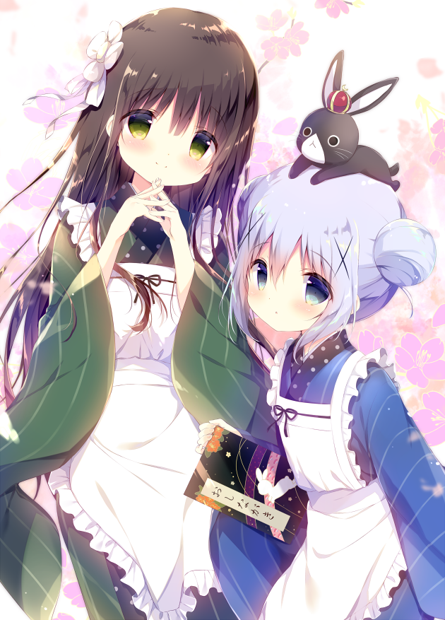 2girls ama_usa_an_uniform animal animal_on_head anko_(gochiusa) apron bangs blue_eyes blue_hair blunt_bangs book brown_hair bunny_head double_bun flower frilled_apron frills gochuumon_wa_usagi_desu_ka? green_eyes green_kimono hair_flower hair_ornament japanese_clothes kafuu_chino kimono light_blue_hair long_hair looking_at_viewer multiple_girls on_head polka_dot_trim shiratama_(shiratamaco) striped striped_kimono ujimatsu_chiya white_apron