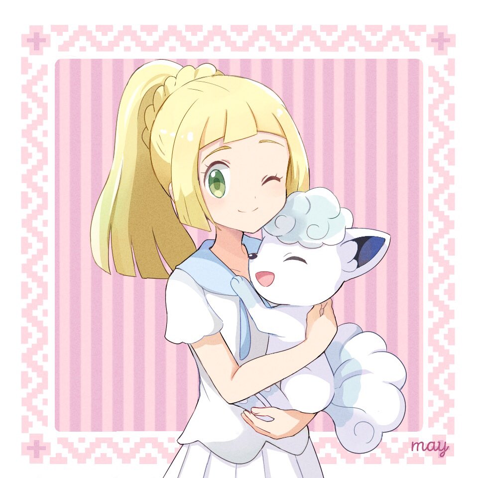 1girl alolan_form alolan_vulpix artist_name blonde_hair closed_mouth creatures_(company) game_freak gen_1_pokemon green_eyes holding holding_pokemon lillie_(pokemon) long_hair mei_(maysroom) nintendo one_eye_closed pokemon pokemon_(anime) pokemon_(creature) pokemon_sm_(anime) ponytail shirt short_sleeves skirt smile twitter_username white_shirt white_skirt