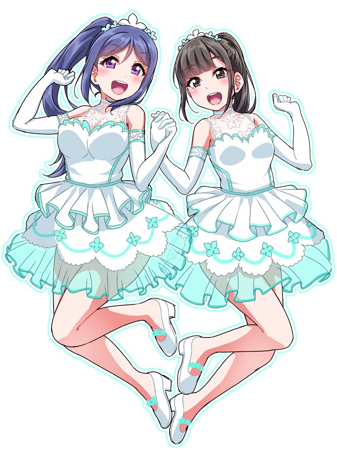 2girls :d bangs black_eyes black_hair blue_hair blue_outline blush clenched_hands commentary_request dress elbow_gloves eyebrows_visible_through_hair gloves hand_holding hands_up lace looking_at_viewer love_live! love_live!_sunshine!! matsuura_kanan multiple_girls open_mouth ponytail round_teeth seiyuu seiyuu_connection shoes sidelocks simple_background smile suwa_nanaka teeth tiara upper_teeth violet_eyes white_background white_dress white_footwear white_gloves yopparai_oni