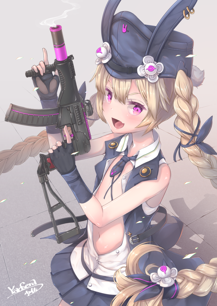 1girl :d animal_ears animal_hat arm_up bangs black_gloves blonde_hair blue_hat blue_neckwear blue_ribbon blue_skirt blue_vest blush braid bunny_hat commentary_request dress_shirt fang fingerless_gloves girls_frontline gloves gun hair_between_eyes hair_ribbon hand_up hat holding holding_gun holding_weapon jacket long_hair looking_at_viewer navel necktie object_namesake open_clothes open_jacket open_mouth open_shirt peaked_cap pleated_skirt rabbit_ears ribbon shirt short_necktie signature skirt smile smoke solo sr-3mp sr-3mp_(girls_frontline) standing trigger_discipline twin_braids twintails v-shaped_eyebrows very_long_hair vest violet_eyes weapon white_shirt yaosera