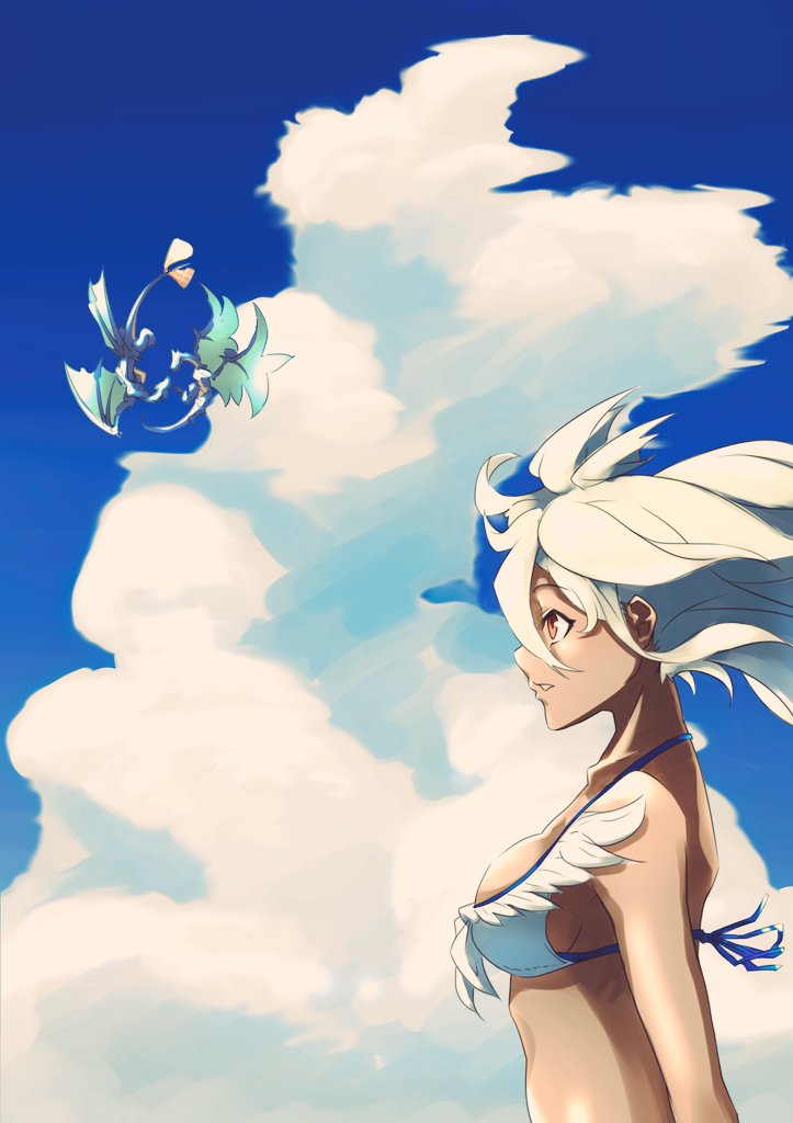 1girl ahoge breasts clouds commentary_request dark_skin day dragon feather_trim granblue_fantasy hair_between_eyes large_breasts long_hair orange_eyes sideboob solo upper_body white_bikini_top white_hair yamakappa zooey_(granblue_fantasy)