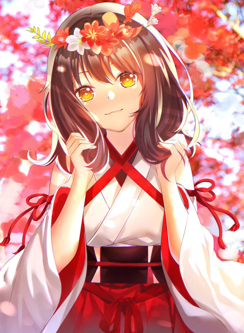 1girl :3 autumn bangs bare_shoulders blurry blurry_background bright_pupils brown_hair bunching_hair closed_mouth depth_of_field detached_sleeves dhfz181 flower hair_flower hair_ornament hakama hand_up head_tilt japanese_clothes kimono light_rays long_hair long_sleeves obi original pink_lips red_flower red_hakama red_ribbon ribbon sash smile solo sunbeam sunlight tassel upper_body white_flower white_kimono wide_sleeves yellow_eyes