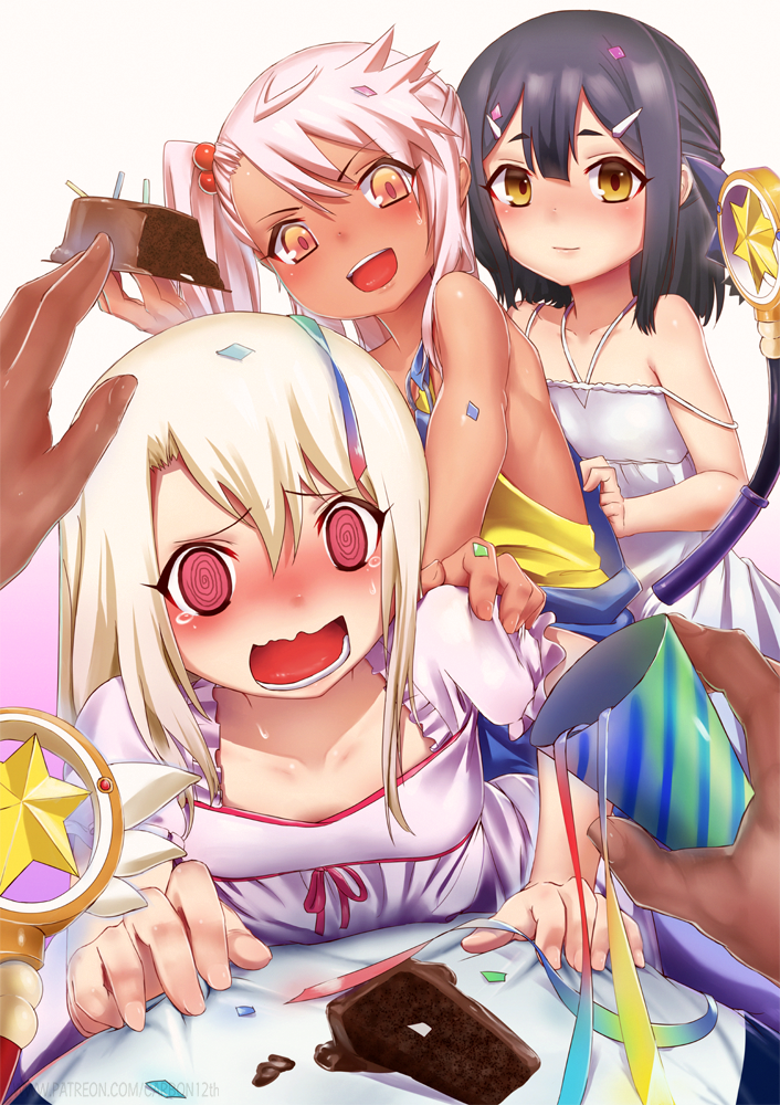 1boy 3girls @_@ bare_shoulders birthday_cake black_hair blush cake carbon12th chloe_von_einzbern commentary_request dark_skin fate/kaleid_liner_prisma_illya fate_(series) flat_chest flustered food illyasviel_von_einzbern long_hair miyu_edelfelt multiple_girls nipple_piercing orange_eyes piercing pink_hair red_eyes side_ponytail white_hair yellow_eyes