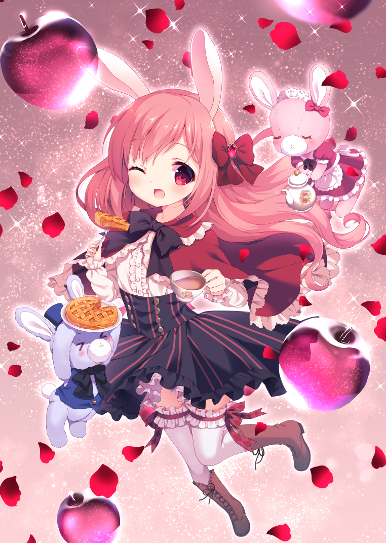 &gt;_&lt; 1girl ;d animal_ears apple apple_pie apron black_bow black_skirt blue_hat blue_vest blush boots bow brown_footwear capelet center_frills chitosezaka_suzu closed_eyes commentary_request cross-laced_footwear cup dress food frilled_apron frilled_capelet frilled_legwear frills fruit hair_bow hat holding holding_cup holding_plate knee_boots lace-up_boots long_hair looking_at_viewer maid maid_headdress mini_hat mini_top_hat one_eye_closed open_mouth original petals pie pink_hair plate pleated_dress puffy_short_sleeves puffy_sleeves rabbit_ears red_apple red_bow red_capelet red_dress red_eyes shirt short_sleeves skirt slice_of_pie smile solo striped stuffed_animal stuffed_bunny stuffed_toy tea teacup thigh-highs top_hat transparent vertical-striped_skirt vertical_stripes very_long_hair vest waist_apron white_apron white_legwear white_shirt