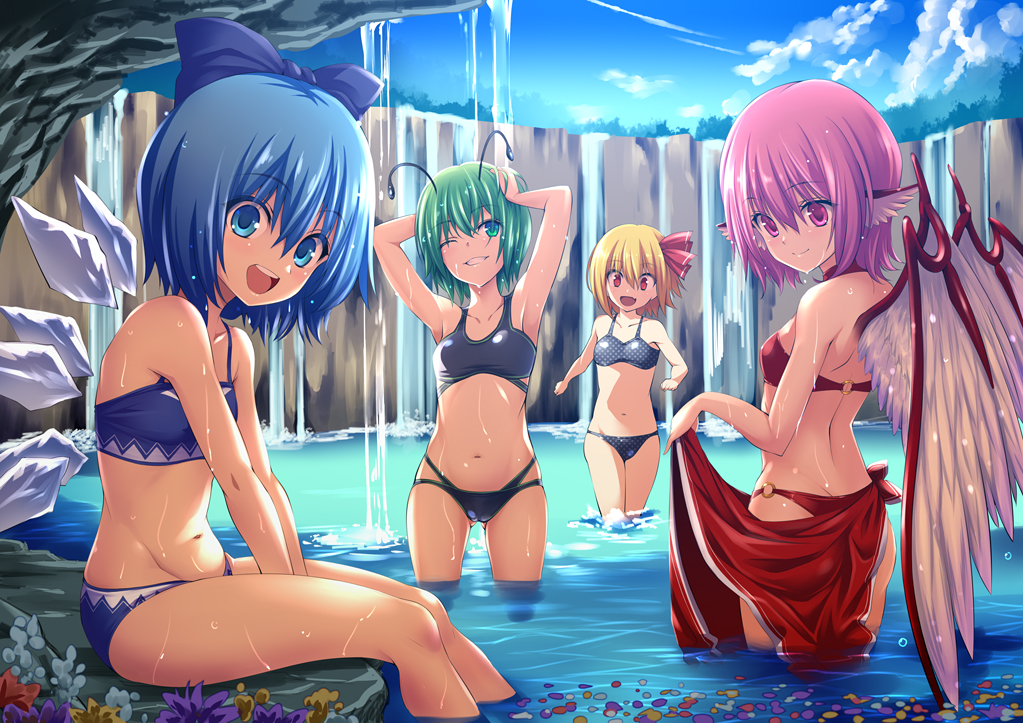 4girls :d ;) armpits arms_up ass bangs bare_arms bare_legs bare_shoulders bikini black_bikini blonde_hair blue_bikini blue_bow blue_eyes blue_flower blue_hair blue_sky bow breasts cirno clouds collarbone commentary_request day eyebrows_visible_through_hair feathered_wings flower green_eyes green_hair grin groin hair_between_eyes hair_bow halterneck head_tilt head_wings highleg highleg_bikini hijikawa_arashi ice ice_wings looking_at_viewer multiple_girls mystia_lorelei navel o-ring o-ring_bikini one_eye_closed open_mouth outdoors petals petals_on_liquid pink_eyes pink_hair purple_flower red_bikini red_eyes rock rumia sarong sky small_breasts smile soaking_feet standing stomach swimsuit team_9 thighs touhou water waterfall wet wings wriggle_nightbug yellow_flower