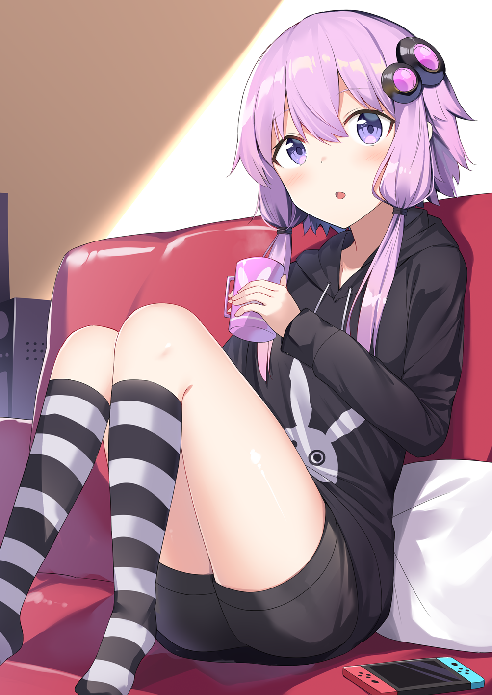 1girl :o bangs blush couch cup eyebrows_visible_through_hair grey_shorts hair_between_eyes hair_ornament highres holding holding_cup hood hoodie horizontal_stripes indoors knees_together_feet_apart long_hair long_sleeves low_twintails nintendo_switch open_mouth pillow purple_hair shorts sitting socks solo striped striped_legwear twintails violet_eyes vocaloid voiceroid yukarite yuzuki_yukari