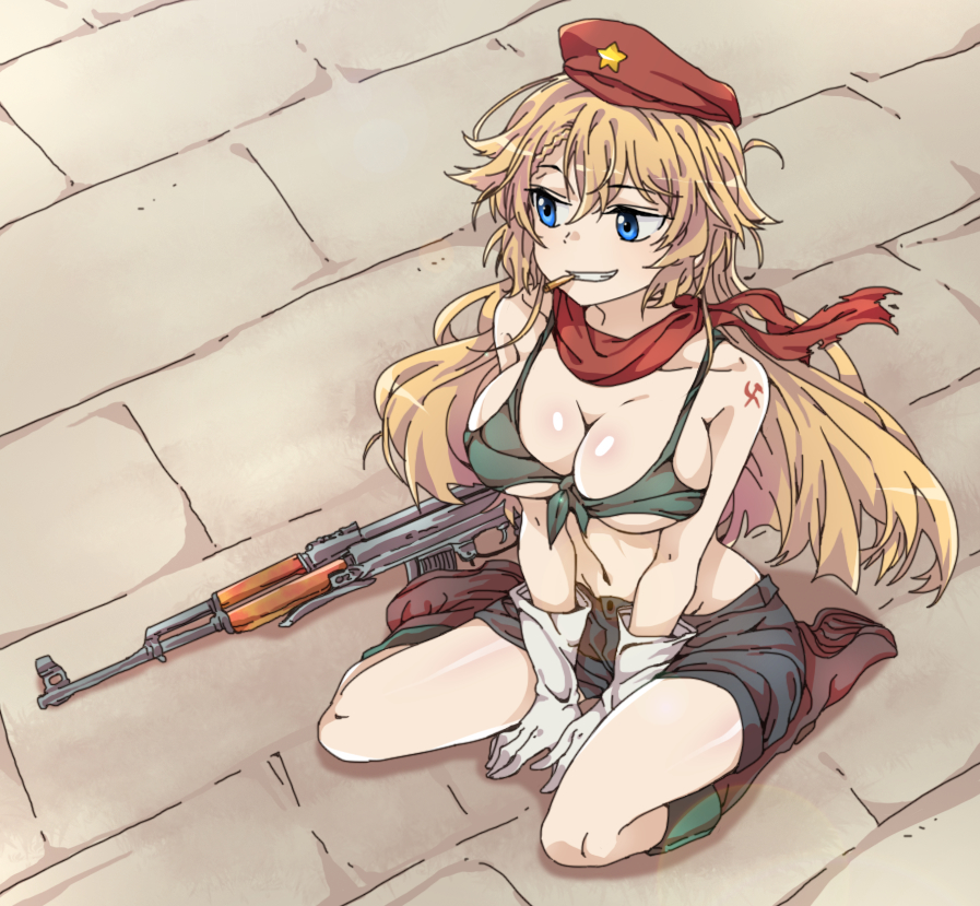 1girl ak-47 ak-47_(girls'_frontline) assault_rifle beret bikini black_shorts blonde_hair blue_eyes boots breasts bullet commentary front-tie_bikini front-tie_top girls_frontline green_bikini grin gun hammer_and_sickle hammer_and_sickle_tattoo hat kalashnikov_rifle kneeling korean_commentary large_breasts long_hair looking_to_the_side mouth_hold navel red_headwear red_scarf rifle scarf shorts sidarim sitting smile solo star_(symbol) swimsuit teeth weapon
