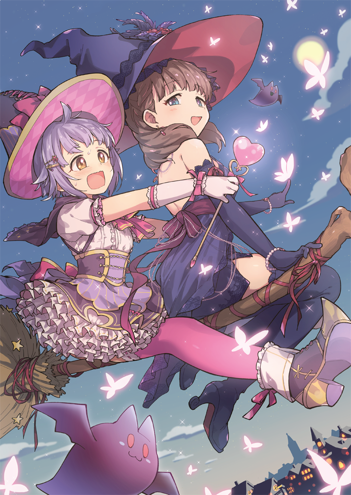 2girls :3 back bat blue_eyes broom broom_riding brown_hair bug butterfly city_lights cityscape earrings frilled_legwear frills hair_ornament hairclip hat high_heels idolmaster idolmaster_cinderella_girls insect jewelry koshimizu_sachiko magical_girl moon multiple_girls nanonin night night_sky pink_legwear purple_hair shimamura_uzuki short_hair sky sweat thigh-highs wand witch_hat yellow_eyes