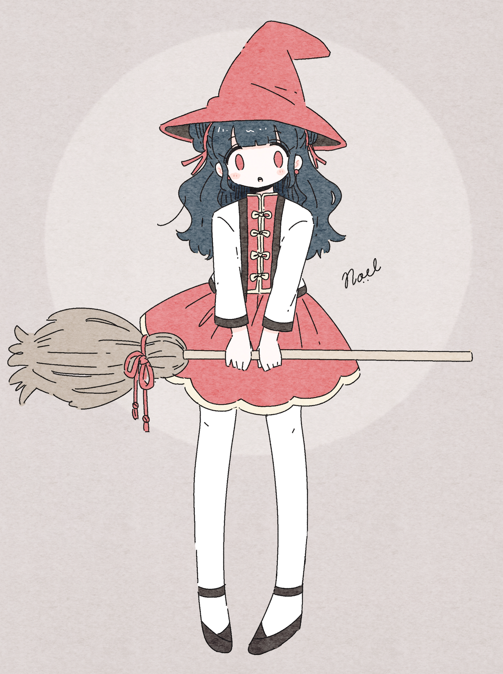 1girl bangs blush bow broom brown_background earrings full_body hat highres holding holding_broom jewelry long_hair long_sleeves no_nose noeru_(noellemonade) open_mouth original red_bow red_earrings red_eyes red_hat signature solo standing witch witch_hat