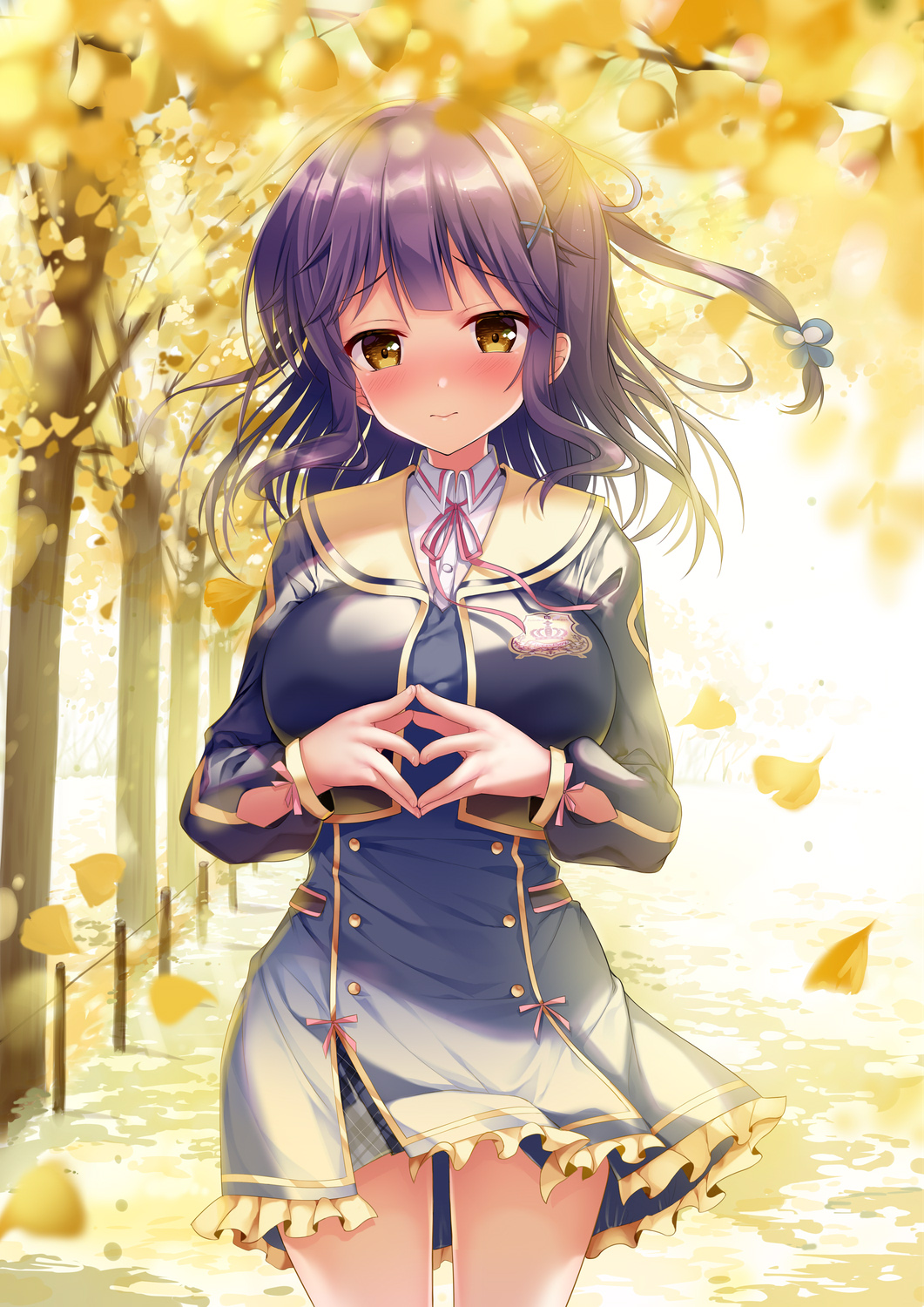 1girl autumn_leaves black_jacket blue_dress blush breasts brown_eyes butterfly_hair_ornament closed_mouth collared_shirt commentary_request cropped_jacket day dress dress_shirt fingernails frilled_dress frills hair_ornament hairclip head_tilt highres jacket large_breasts long_hair long_sleeves looking_at_viewer neck_ribbon nose_blush original outdoors pink_ribbon pleated_dress purple_hair ribbon school_uniform shirt sidelocks solo sousouman standing steepled_fingers tree white_shirt x_hair_ornament