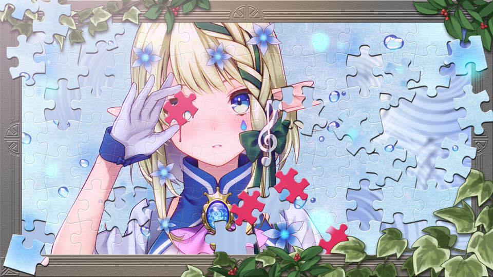 1girl bangs blonde_hair blue_eyes blue_flower blush border bow commentary_request copyright_request covering_one_eye elf facial_mark flower gem gloves green_bow hair_bow hair_flower hair_ornament hand_up holding ivy jigsaw_puzzle leaf long_hair ne-on nose_blush parted_lips pink_neckwear pointy_ears puzzle short_hair_with_long_locks short_sleeves sidelocks solo teardrop treble_clef upper_body white_gloves