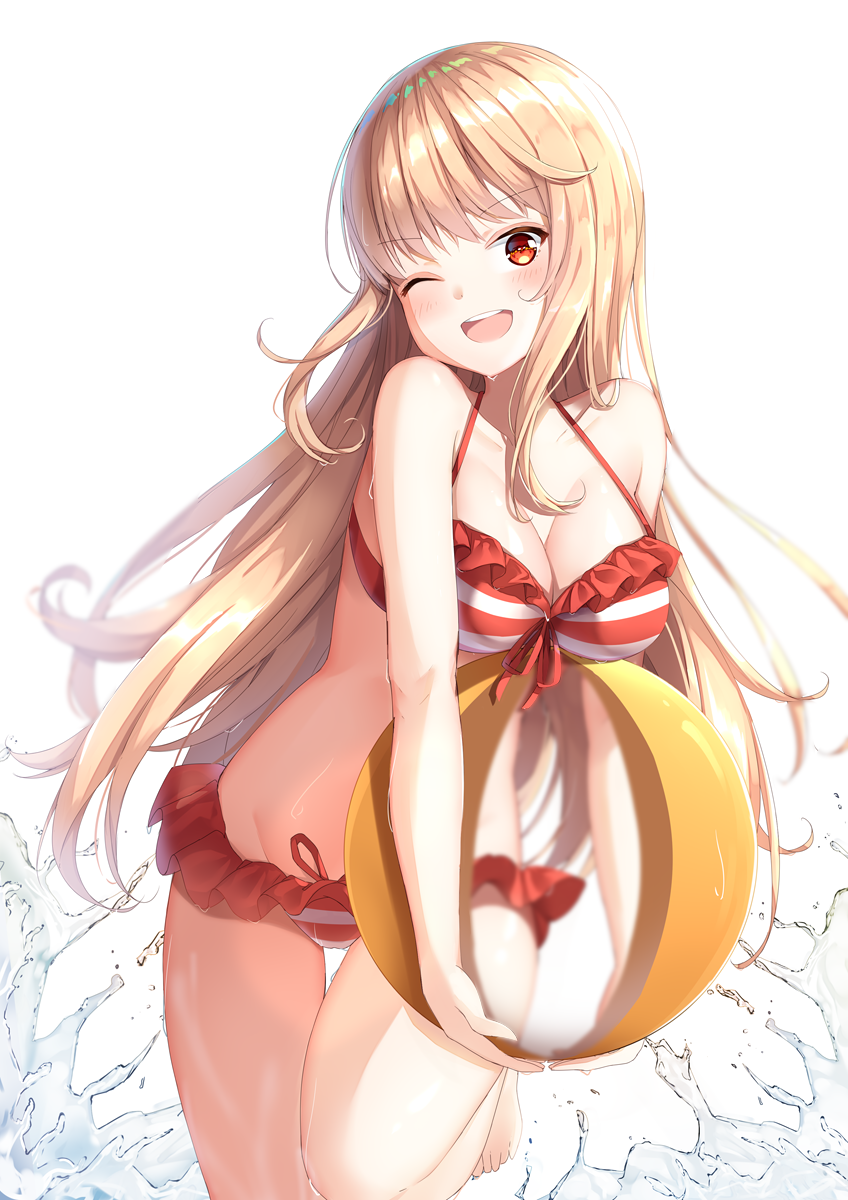 1girl ;d ball bangs bare_arms bare_shoulders barefoot beachball bikini blonde_hair blush breasts cleavage collarbone commentary_request doma_umaru eyebrows_visible_through_hair groin halterneck head_tilt highres himouto!_umaru-chan holding holding_ball large_breasts leg_up long_hair looking_at_viewer one_eye_closed open_mouth orange_eyes red_bikini shiero. shiny shiny_skin simple_background smile solo standing standing_on_one_leg striped striped_bikini swimsuit thighs very_long_hair water white_background white_bikini
