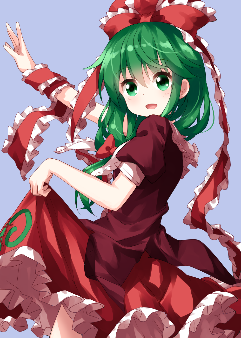 1girl arm_up bangs blouse blue_background bow commentary_request cowboy_shot eyebrows_visible_through_hair frilled_ribbon frilled_shirt_collar frills green_eyes green_hair hair_between_eyes hair_bow hair_ribbon highres kagiyama_hina long_hair looking_at_viewer open_mouth petticoat puffy_short_sleeves puffy_sleeves red_blouse red_bow red_ribbon red_skirt ribbon ruu_(tksymkw) short_sleeves simple_background skirt skirt_hold skirt_set smile solo standing touhou wrist_ribbon