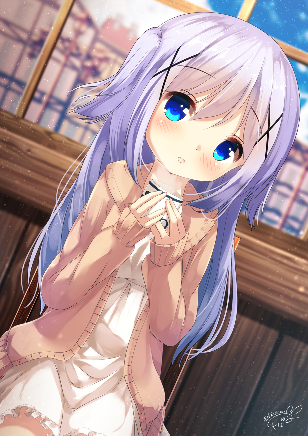 1girl :d bangs blue_eyes blue_hair blue_sky blurry blurry_background blush brown_cardigan building cardigan chinomaron commentary_request cup day depth_of_field dress eyebrows_visible_through_hair frilled_dress frills gochuumon_wa_usagi_desu_ka? hair_between_eyes hair_flaps hair_ornament hands_up head_tilt highres holding holding_cup indoors kafuu_chino long_sleeves looking_at_viewer mug open_mouth signature sitting sky sleeves_past_wrists smile solo twitter_username white_dress window x_hair_ornament