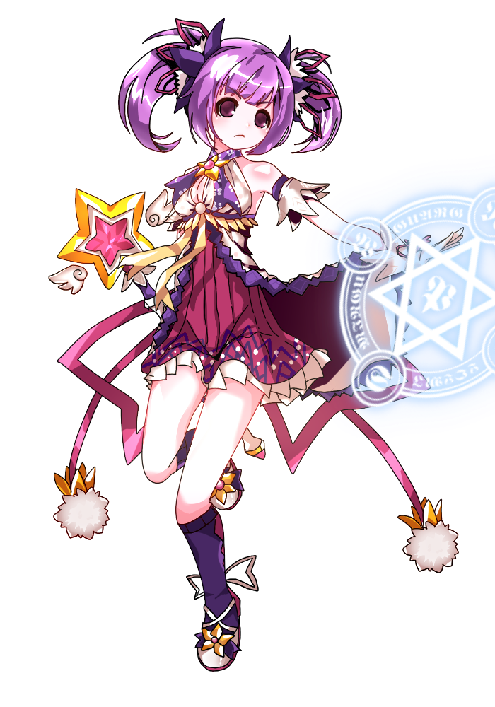 1girl 2200659903_rika aisha_(elsword) armpits bare_shoulders battle_magician_(elsword) breasts cleavage elsword eyebrows_visible_through_hair magic_circle magical_girl medium_breasts purple_hair short_hair solo staff standing star twintails violet_eyes white_background