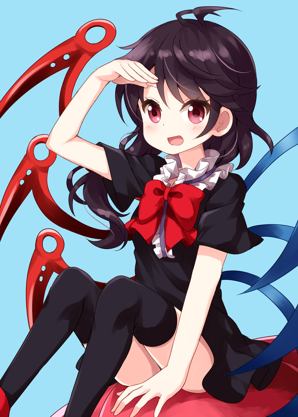 1girl :d antenna_hair arm_support arm_up ass asymmetrical_wings bangs black_dress black_hair black_legwear blue_background blue_wings blush bow bowtie center_frills commentary_request convenient_arm dress eyebrows_visible_through_hair feet_out_of_frame hair_between_eyes highres houjuu_nue knees_up long_hair looking_at_viewer open_mouth red_bow red_eyes red_footwear red_neckwear red_wings ruu_(tksymkw) shoes short_dress short_sleeves simple_background sitting smile solo thigh-highs thighs touhou ufo wings zettai_ryouiki