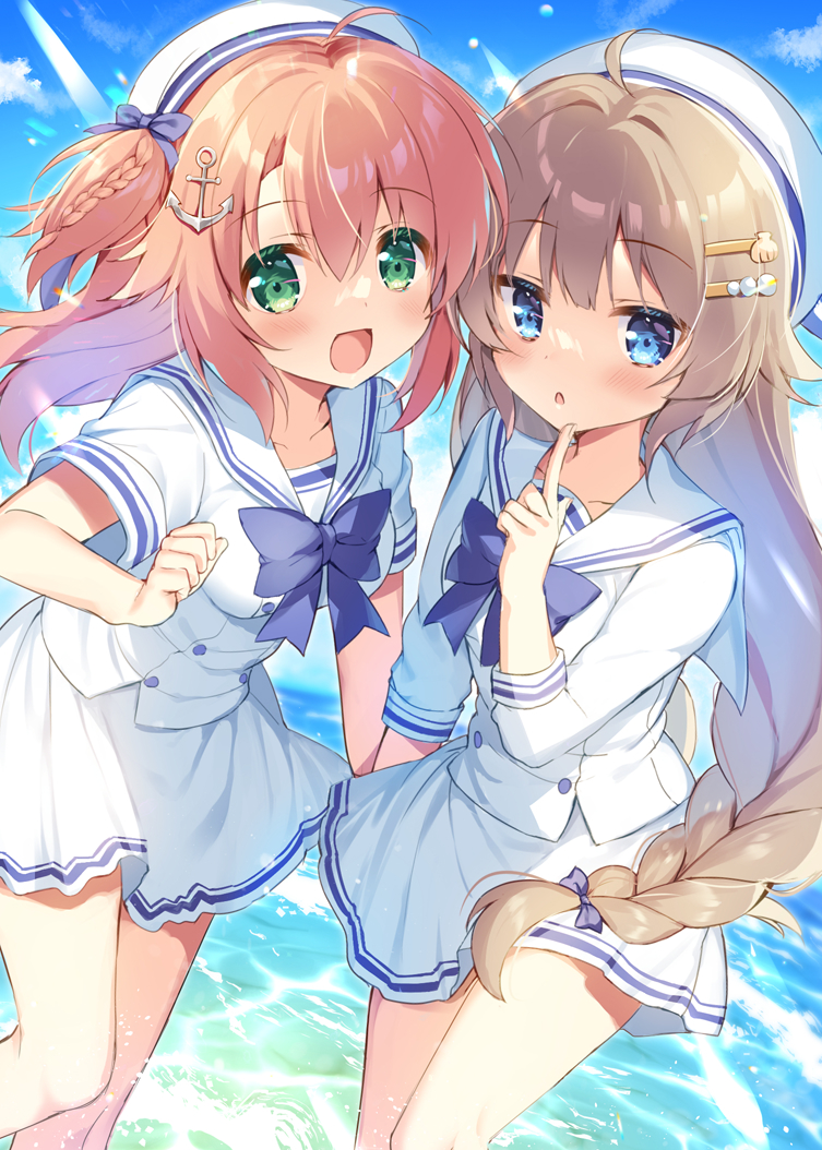2girls :d :o ahoge anchor_hair_ornament beret blue_bow blue_eyes blue_sky blush bow braid breasts brown_hair clouds commentary_request day green_eyes hair_bow hair_ornament hairclip hand_up hat index_finger_raised long_hair long_sleeves looking_at_viewer multiple_girls natsuki_marina one_side_up open_mouth original outdoors parted_lips sailor_collar school_uniform serafuku shell_hair_ornament shirt short_sleeves single_braid skirt sky small_breasts smile very_long_hair white_headwear white_sailor_collar white_shirt white_skirt