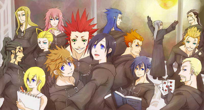 axel_(kingdom_hearts) black_coat_(kingdom_hearts) blonde_hair commentary_request demyx dress kingdom_hearts kingdom_hearts_358/2_days larxene lexaeus long_hair luxord marluxia multiple_boys multiple_girls namine nib_pen_(medium) organization_xiii roxas saix short_hair traditional_media vexen white_dress xaldin xemnas xigbar xion_(kingdom_hearts) zexion