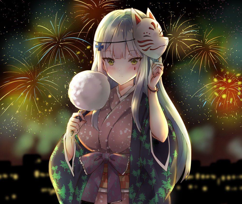 1girl aerial_fireworks arm_up bangs blurry blurry_background blush breasts brown_kimono building closed_mouth commentary cotton_candy depth_of_field eyebrows_visible_through_hair facial_mark fingernails fireworks food fox_mask girls_frontline green_eyes hk416_(girls_frontline) holding holding_food japanese_clothes kimono long_hair long_sleeves looking_at_viewer mask mask_on_head medium_breasts melynx_(user_aot2846) night night_sky obi outdoors revision sash silver_hair sky solo very_long_hair wide_sleeves