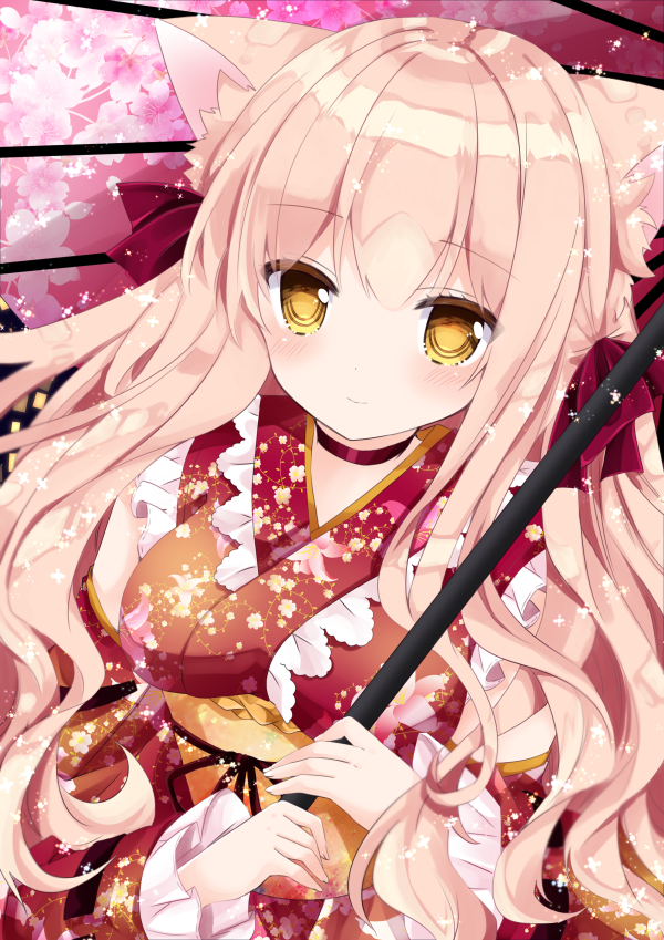 1girl animal_ear_fluff animal_ears bangs blush breasts cat_ears choker closed_mouth commentary_request eyebrows_visible_through_hair fingernails floral_print frilled_sleeves frills hair_between_eyes holding holding_umbrella japanese_clothes kimono light_brown_hair long_hair long_sleeves looking_at_viewer medium_breasts nanase_kureha nanase_nao obi oriental_umbrella original print_kimono print_umbrella red_choker red_kimono red_umbrella sash smile solo umbrella very_long_hair yellow_eyes