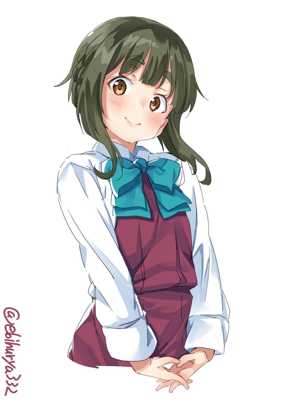 1girl aqua_neckwear blush bow brown_eyes closed_mouth dress ebifurya eyebrows_visible_through_hair green_hair highres kantai_collection long_sleeves looking_at_viewer school_uniform shirt short_hair_with_long_locks simple_background smile solo takanami_(kantai_collection) twitter_username white_background white_shirt