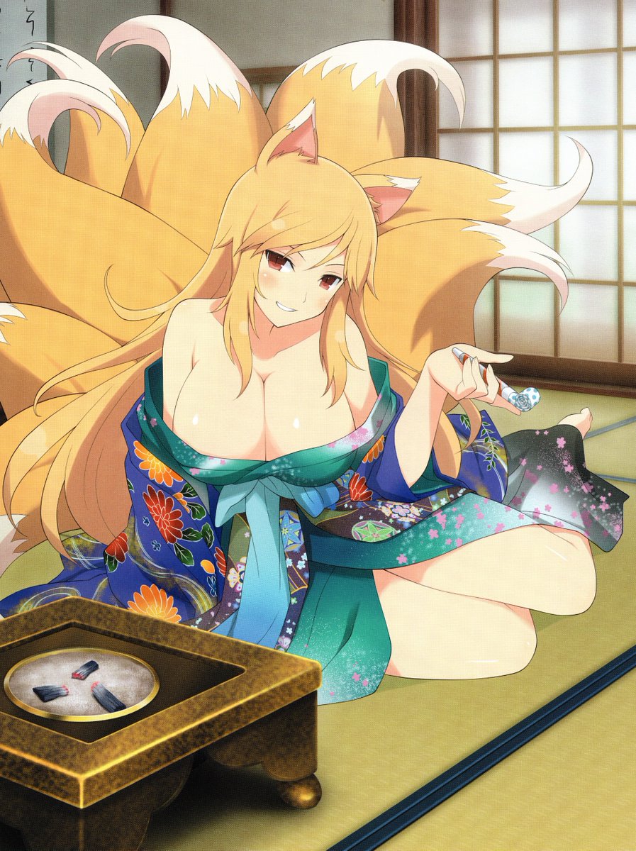 1girl animal_ears bare_shoulders barefoot blush breasts cleavage fox_ears fox_tail grin highres japanese_clothes kimono kumi_(senran_kagura) large_breasts long_hair off_shoulder official_art orange_hair red_eyes senran_kagura senran_kagura_new_wave smile solo tail very_long_hair yaegashi_nan