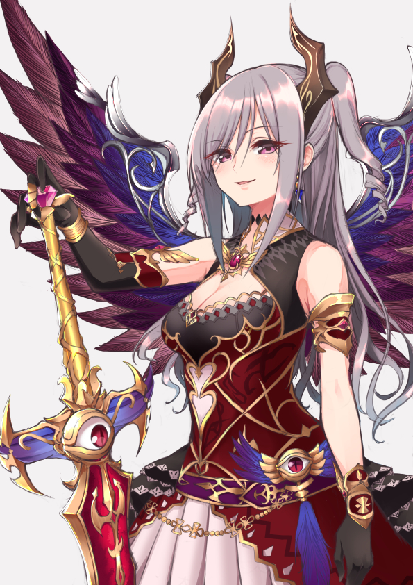 1girl asymmetrical_gloves black_dress black_gloves breasts cleavage cleavage_cutout commentary_request dress earrings elbow_gloves eyebrows_visible_through_hair feathered_wings gem gloves grey_background grey_hair hair_over_one_eye horns huge_weapon idolmaster idolmaster_cinderella_girls idolmaster_cinderella_girls_starlight_stage jewelry kanzaki_ranko kemololi large_breasts light_smile long_hair looking_at_viewer multicolored multicolored_clothes multicolored_dress red_dress simple_background single_elbow_glove solo sword violet_eyes weapon wings