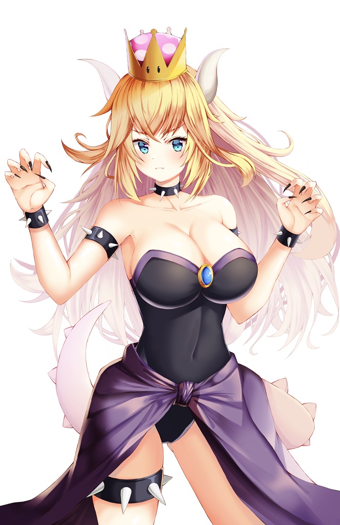 1girl armlet bare_shoulders black_nails blonde_hair blue_eyes bowsette bracelet breasts cleavage collar collarbone crown hands_up horns jewelry kotomaru_(sirouko9511) large_breasts leotard long_hair looking_at_viewer super_mario_bros. nail_polish new_super_mario_bros._u_deluxe nintendo purple_skirt sharp_nails skirt solo spiked_armlet spiked_bracelet spiked_collar spiked_thighlet spikes standing super_crown tail thighlet very_long_hair white_background