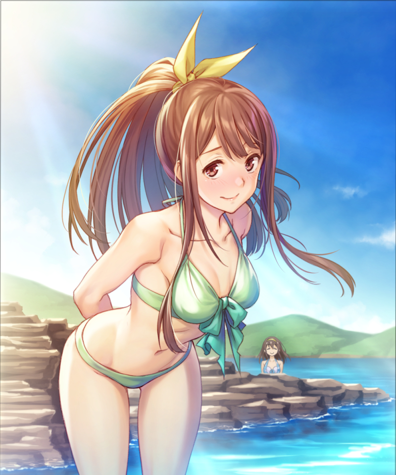 2girls bikini blue_sky breasts brown_hair cleavage clouds collarbone front-tie_top green_bikini idolmaster idolmaster_million_live! leaning_forward light_rays long_hair looking_at_viewer multiple_girls nanaran outdoors ponytail rock satake_minako sitting sky small_breasts solo_focus sun sunbeam sunlight swimsuit tanaka_kotoha