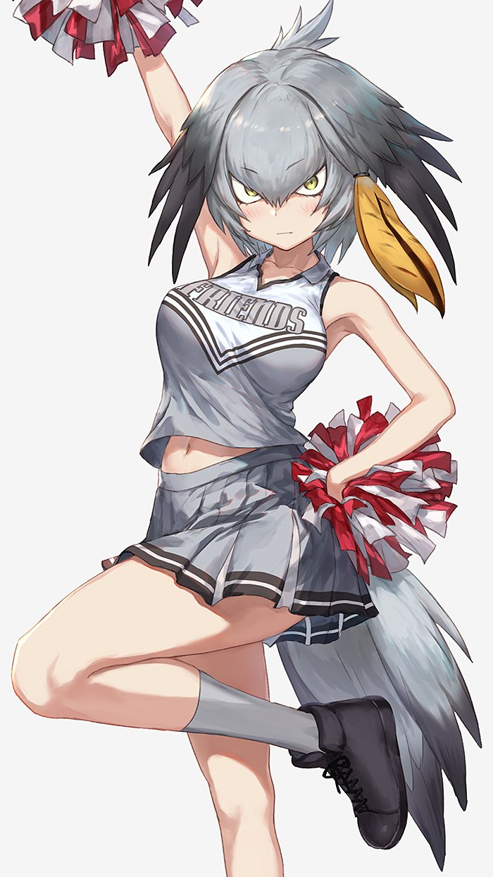 1girl alternate_costume arm_up armpits bare_arms bare_legs bare_shoulders bird_tail bird_wings blush boots cheerleader closed_mouth clothes_writing collarbone collared_shirt green_eyes grey_hair guchico hair_tie hand_on_hip head_wings highres holding holding_pom_poms kemono_friends looking_at_viewer midriff_peek multicolored_hair navel orange_hair pleated_skirt pom_poms shiny shiny_hair shirt shoebill_(kemono_friends) shoes short_hair skirt sleeveless sleeveless_shirt socks solo stomach wings