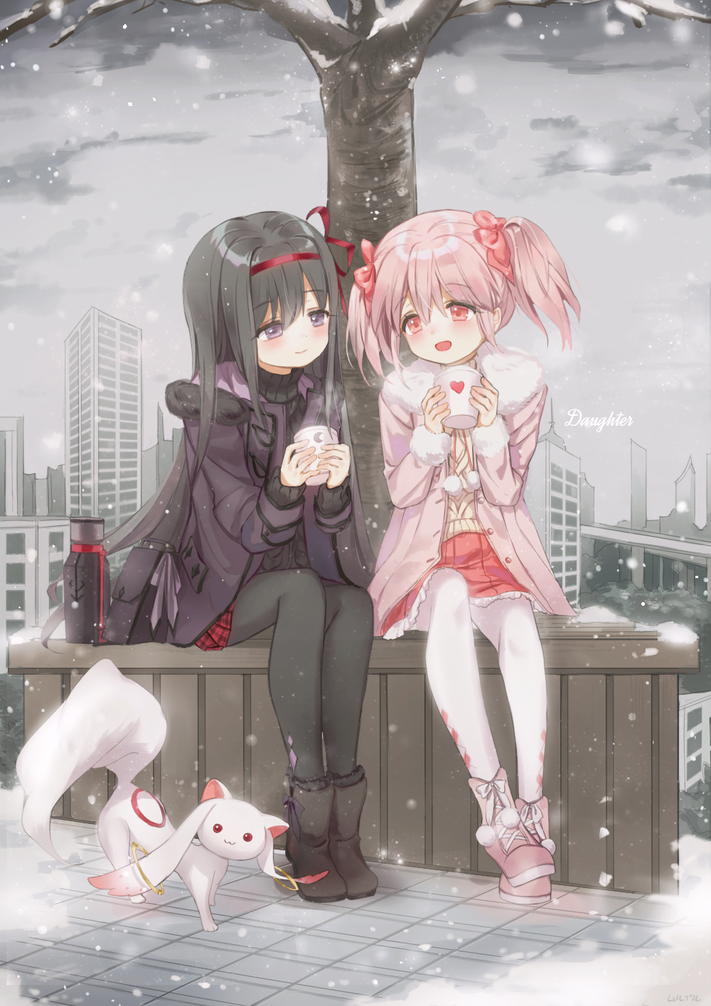 2girls :3 :d akemi_homura bangs bare_tree black_hair black_legwear boots bow brown_footwear building buttons closed_mouth coat crescent cup eyebrows_visible_through_hair fur-trimmed_sleeves fur_collar fur_trim hair_between_eyes hair_bow hair_intakes hairband heart highres holding holding_cup kaname_madoka kyubey long_hair long_sleeves looking_at_another mahou_shoujo_madoka_magica miniskirt mullpull multiple_girls open_mouth outdoors overcast pantyhose pink_bow pink_coat pink_eyes pink_footwear pink_hair pink_skirt plaid plaid_skirt pleated_skirt pom_pom_(clothes) purple_coat red_hairband red_skirt sitting skirt smile snow snowing straight_hair tree turtleneck twintails unbuttoned very_long_hair violet_eyes white_legwear winter winter_clothes