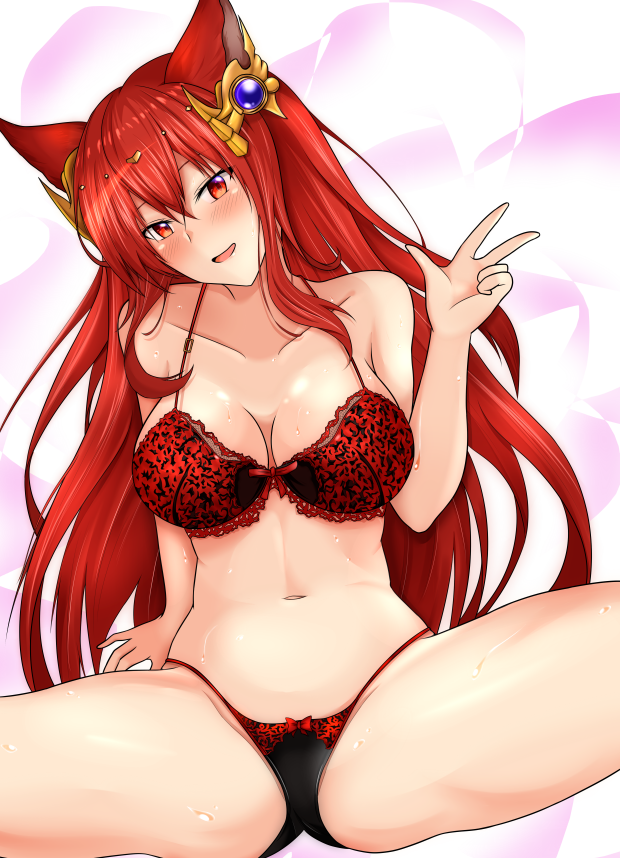 1girl animal_ears anthuria black_panties blush bra breasts cleavage collarbone commentary_request erune granblue_fantasy hair_ornament head_tilt large_breasts long_hair looking_at_viewer magaasha navel open_mouth panties red_bra red_eyes redhead sitting solo spread_legs underwear underwear_only w