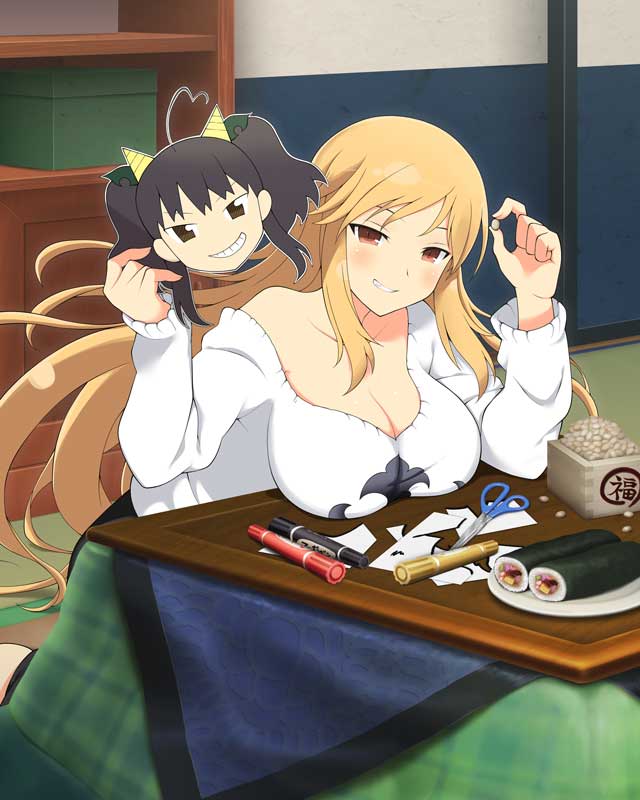 1girl bare_shoulders beans blush breasts character_mask cleavage ehoumaki food grin hands_up holding holding_mask indoors kotatsu kumi_(senran_kagura) large_breasts long_hair long_sleeves looking_at_viewer makizushi marker mask masu misato_(senran_kagura) off_shoulder official_art orange_hair paper plate red_eyes rice scissors senran_kagura senran_kagura_new_wave setsubun sidelocks sitting smile sushi sweater table very_long_hair white_sweater yaegashi_nan