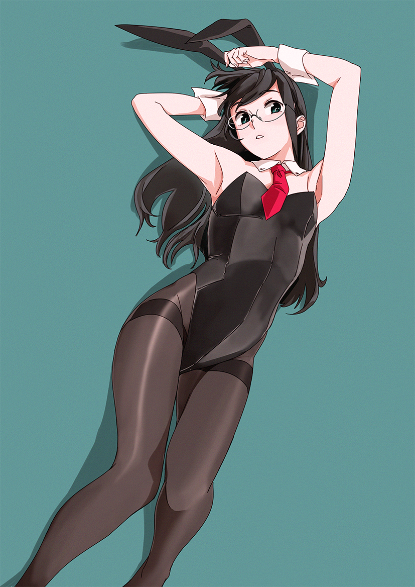 1girl animal_ears armpits arms_up black_hair black_legwear black_leotard breasts bunny_tail bunnysuit detached_collar feet_out_of_frame green_background green_eyes kantai_collection leotard long_hair looking_at_viewer lying necktie ojipon ooyodo_(kantai_collection) pantyhose rabbit_ears red_neckwear semi-rimless_eyewear simple_background small_breasts solo strapless strapless_leotard tail thighband_pantyhose under-rim_eyewear wrist_cuffs