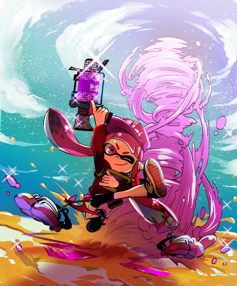 .52_gal_(splatoon) 1girl arm_up bangs baseball_cap bike_shorts black_footwear black_shorts blunt_bangs clouds cloudy_sky commentary_request controller domino_mask hat holding holding_weapon inkling inkstrike_(splatoon) jumping leg_up logo long_hair long_sleeves looking_at_viewer mask nintendo one_eye_closed paint_splatter partial_commentary pink_eyes pink_hair pointy_ears red_shirt redhead remote_control seeker_(splatoon) shirt shoes shorts sky smirk sneakers solo sparkle splatoon splatoon_1 star starry_background tatsuki_(pizza_no_tempra) tornado trigger_discipline v-shaped_eyebrows weapon