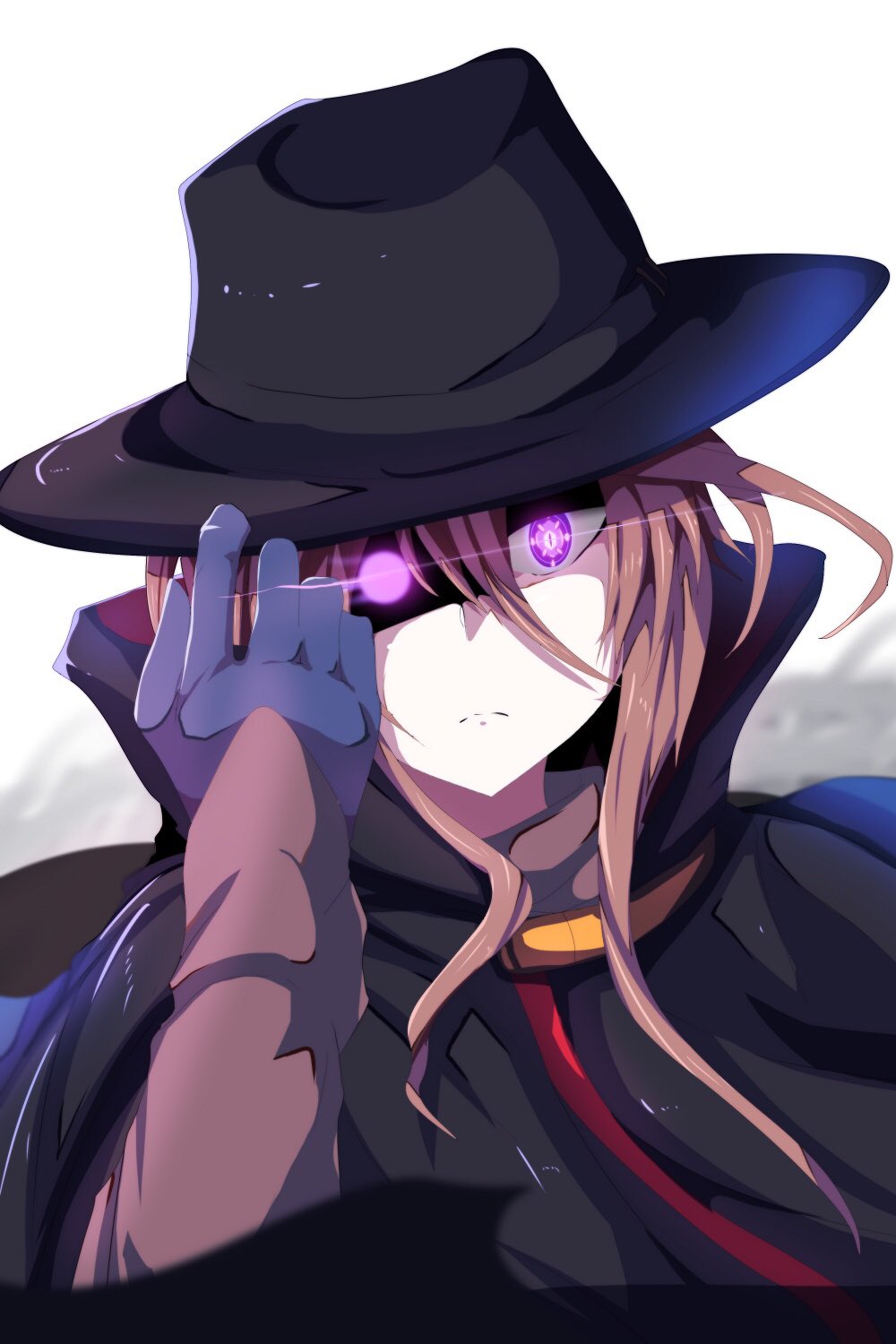 1girl arm_up bangs black_cape black_hat blue_gloves blurry blurry_background blurry_foreground brown_hair brown_shirt cape closed_mouth commentary_request depth_of_field gloves glowing glowing_eyes hair_between_eyes hand_on_headwear hat highres long_hair long_sleeves looking_at_viewer original shirt solo violet_eyes wada_kazu white_background