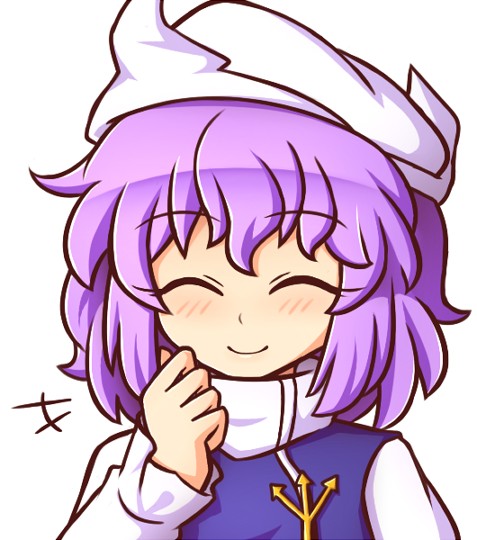 1girl ^_^ bangs blue_vest blush closed_eyes closed_eyes commentary commission english_commentary eyebrows_visible_through_hair facing_viewer hand_up hat letty_whiterock long_sleeves polearm purple_hair shirt short_hair simple_background smile solo touhou trident turtleneck upper_body vest weapon white_background white_hat white_shirt wool_(miwol)