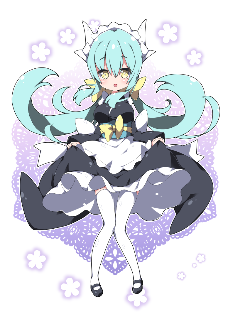 1girl :d alternate_costume apron bangs black_dress black_footwear blush bow commentary_request dragon_horns dress enmaided eyebrows_visible_through_hair fate/grand_order fate_(series) frilled_apron frilled_dress frills green_hair hair_between_eyes horns juliet_sleeves kiyohime_(fate/grand_order) long_hair long_sleeves looking_at_viewer maid maid_headdress mary_janes milkpanda obi open_mouth puffy_sleeves sash shoes smile solo standing thigh-highs very_long_hair waist_apron white_apron white_legwear yellow_bow yellow_eyes
