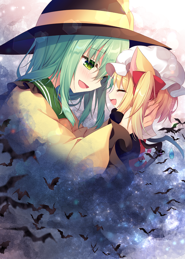 2girls :d ^_^ animal_ears bangs bat black_hat blush bow cat_ears closed_eyes closed_eyes commentary_request crystal eyebrows_visible_through_hair facing_another flandre_scarlet frilled_shirt_collar frilled_sleeves frills from_side green_eyes green_hair hair_between_eyes hair_bow hat hat_bow holding_another kemonomimi_mode komeiji_koishi lens_flare long_hair long_sleeves looking_at_another mob_cap multiple_girls open_mouth profile red_bow red_skirt red_vest shikitani_asuka shirt skirt skirt_set smile touhou upper_body vest white_hat wide_sleeves wings yellow_bow yellow_shirt younger