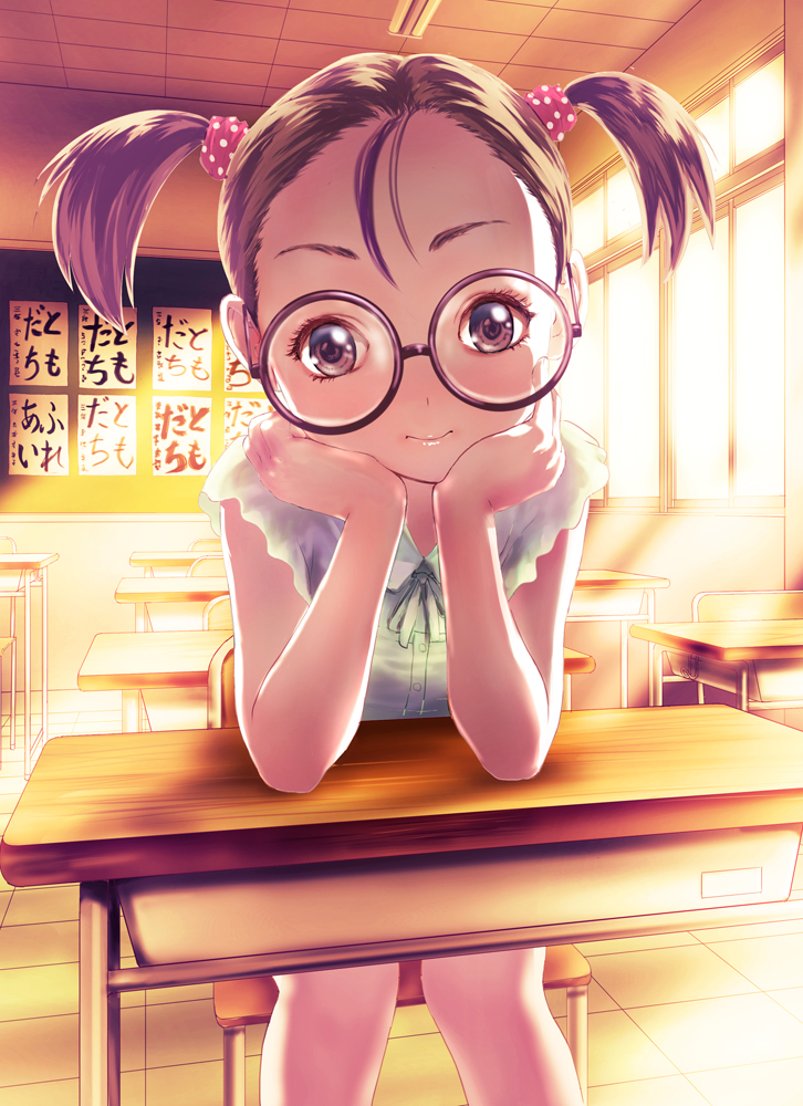 1girl brown_eyes brown_hair ceiling chalkboard child classroom desk elbows_on_table forehead glasses indoors looking_at_viewer non_(6nezuuyamar9) original school_desk short_twintails sitting solo twintails