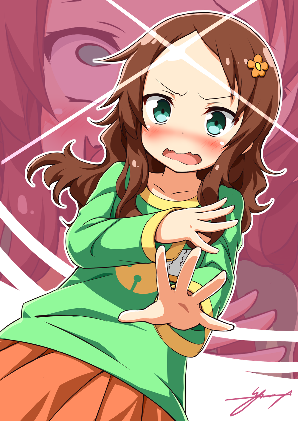 1girl aqua_eyes bangs blush brown_hair commentary_request crazy_smile flower forehead from_below green_sweater hair_flower hair_ornament highres kobayashi-san_chi_no_maidragon long_hair long_sleeves looking_at_viewer looking_down multiple_views nose_blush open_mouth orange_skirt parted_bangs saikawa_riko shiny sidelocks signature skirt spread_fingers sweater ugume v-shaped_eyebrows wavy_mouth zoom_layer